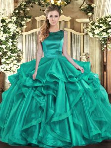 Turquoise Ball Gowns Organza Scoop Sleeveless Ruffles Floor Length Lace Up Quince Ball Gowns