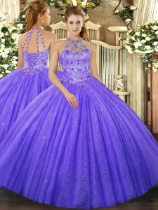 Fine Lavender Halter Top Neckline Beading and Embroidery Quinceanera Dress Sleeveless Lace Up