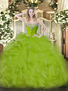Olive Green Sweet 16 Dresses Military Ball and Sweet 16 and Quinceanera with Beading and Ruffles Sweetheart Sleeveless L