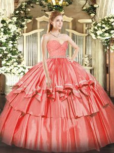 Watermelon Red Quinceanera Gowns Military Ball and Sweet 16 and Quinceanera with Beading and Lace and Ruffled Layers Swe