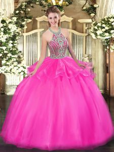 Tulle Halter Top Sleeveless Lace Up Beading and Ruffles Ball Gown Prom Dress in Hot Pink