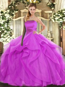 Glamorous Fuchsia Lace Up Quinceanera Gowns Ruffles Sleeveless Floor Length