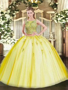 Eye-catching Scoop Sleeveless Quinceanera Gowns Floor Length Beading and Appliques Yellow Tulle