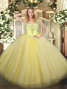 Best Selling Light Yellow 15 Quinceanera Dress Military Ball and Sweet 16 and Quinceanera with Beading V-neck Sleeveless