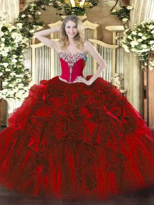 Sweetheart Sleeveless Sweet 16 Dress Floor Length Beading and Ruffles Wine Red Organza