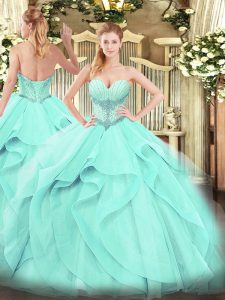 Dynamic Aqua Blue Lace Up Sweetheart Beading and Ruffles Quinceanera Dresses Tulle Sleeveless