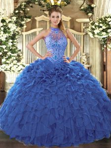 Floor Length Lace Up 15th Birthday Dress Blue for Sweet 16 and Quinceanera with Beading and Embroidery and Ruffles