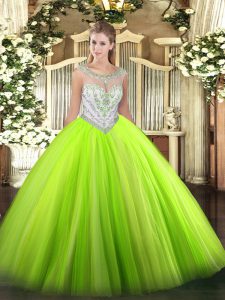 Smart Sleeveless Tulle Floor Length Zipper Quince Ball Gowns in with Beading