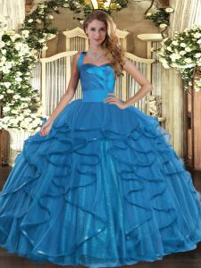 Most Popular Floor Length Lace Up 15th Birthday Dress Teal for Military Ball and Sweet 16 and Quinceanera with Ruffles