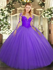 Lavender Ball Gowns Lace Quinceanera Dresses Lace Up Tulle Long Sleeves Floor Length