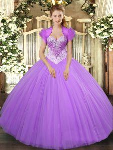 Stylish Floor Length Lavender Quinceanera Gown Tulle Sleeveless Beading
