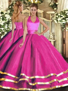 Popular Sleeveless Tulle Floor Length Lace Up Sweet 16 Dress in Fuchsia with Ruffled Layers