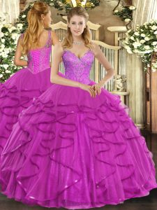 Fuchsia Quinceanera Gowns Military Ball and Sweet 16 and Quinceanera with Beading and Ruffles V-neck Sleeveless Lace Up
