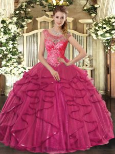 Tulle Scoop Sleeveless Lace Up Beading and Ruffles Vestidos de Quinceanera in Hot Pink
