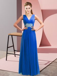 Exquisite Sleeveless Floor Length Beading and Ruching Lace Up Prom Dresses with Blue