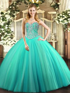 Suitable Tulle Sleeveless Floor Length Sweet 16 Dress and Beading
