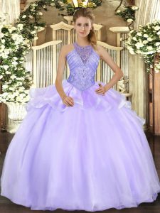 Charming Lavender Organza Lace Up Quinceanera Dress Sleeveless Floor Length Beading