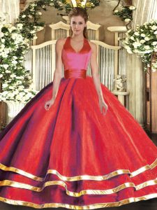 Best Selling Red 15th Birthday Dress Military Ball and Sweet 16 and Quinceanera with Ruffled Layers Halter Top Sleeveles