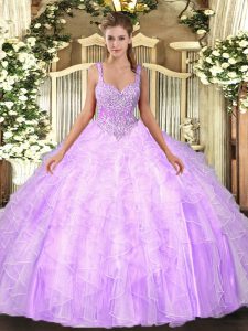 High Quality Lilac Ball Gowns Beading and Ruffles Vestidos de Quinceanera Lace Up Tulle Sleeveless Floor Length