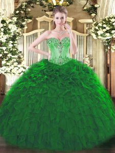 Dark Green Ball Gowns Beading and Ruffles Ball Gown Prom Dress Lace Up Organza Sleeveless Floor Length