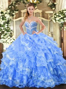 Popular Baby Blue Sleeveless Floor Length Beading and Ruffled Layers Lace Up Quinceanera Gowns