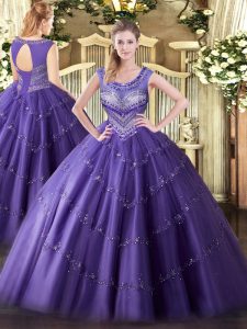 Modern Floor Length Purple Quinceanera Dress Scoop Sleeveless Lace Up