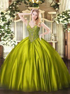 Olive Green Sleeveless Satin Lace Up Quinceanera Gowns for Military Ball and Sweet 16 and Quinceanera