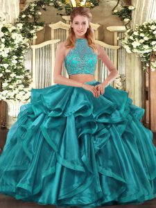 Turquoise Organza Criss Cross 15 Quinceanera Dress Sleeveless Asymmetrical Beading and Ruffled Layers
