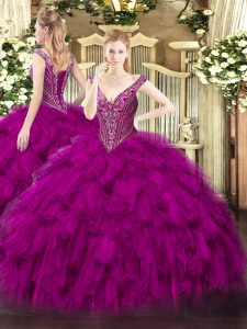 Attractive Fuchsia Quinceanera Dresses Military Ball and Sweet 16 and Quinceanera with Beading and Ruffles V-neck Sleeve