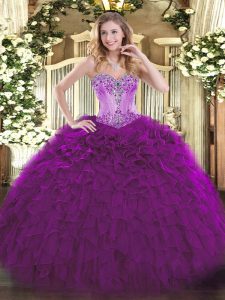 Eggplant Purple Sweetheart Neckline Beading and Ruffles 15 Quinceanera Dress Sleeveless Lace Up