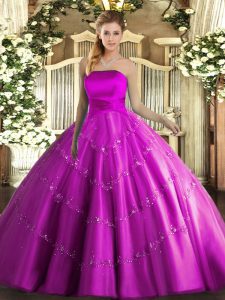 Classical Tulle Strapless Sleeveless Lace Up Appliques Sweet 16 Dresses in Fuchsia