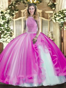 Fuchsia High-neck Neckline Beading and Ruffles Quinceanera Gowns Sleeveless Lace Up