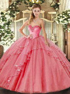 Tulle Sweetheart Sleeveless Lace Up Beading and Ruffled Layers Quinceanera Gown in Watermelon Red