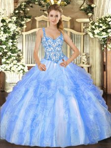 Floor Length Blue And White Quince Ball Gowns Organza Sleeveless Beading and Ruffles