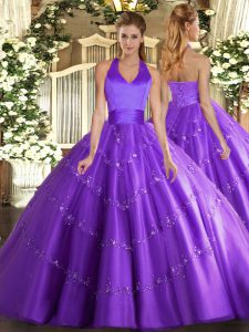 Purple Lace Up Halter Top Appliques 15 Quinceanera Dress Tulle Sleeveless