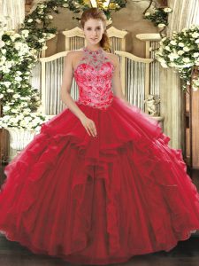 Coral Red 15th Birthday Dress Military Ball and Sweet 16 and Quinceanera with Beading and Embroidery and Ruffles Halter 