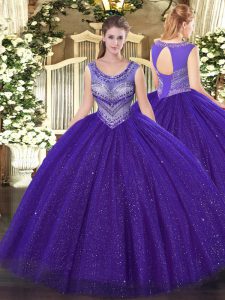 Purple Sleeveless Tulle and Sequined Lace Up Quinceanera Gowns for Sweet 16 and Quinceanera