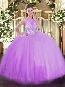 Affordable Lavender Ball Gowns Beading Sweet 16 Dresses Zipper Tulle Sleeveless Floor Length