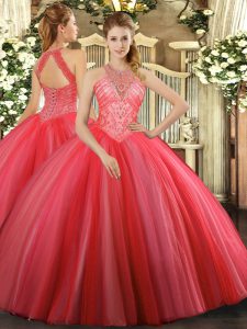 Tulle High-neck Sleeveless Lace Up Beading Quinceanera Dresses in Coral Red
