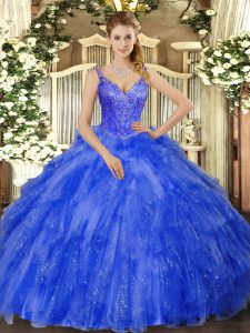 Royal Blue V-neck Neckline Beading and Ruffles 15 Quinceanera Dress Sleeveless Lace Up