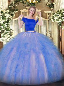 Customized Short Sleeves Appliques and Ruffles Zipper Ball Gown Prom Dress