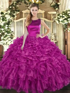 Trendy Ball Gowns Quinceanera Dress Fuchsia Scoop Organza Sleeveless Floor Length Lace Up