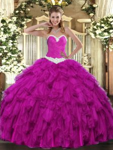 Simple Sweetheart Sleeveless Organza 15th Birthday Dress Appliques and Ruffles Lace Up