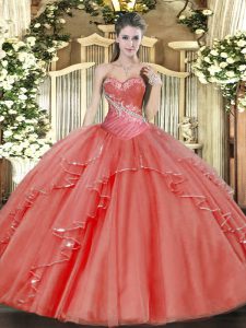 Sexy Floor Length Coral Red Vestidos de Quinceanera Sweetheart Sleeveless Lace Up