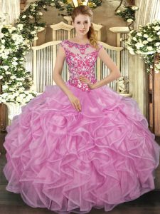 Colorful Ball Gowns 15th Birthday Dress Lilac Scoop Organza Cap Sleeves Floor Length Lace Up