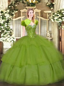 Olive Green Quinceanera Dress Military Ball and Sweet 16 and Quinceanera with Beading and Ruffled Layers Sweetheart Slee