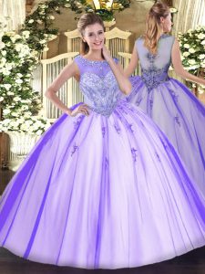 Fitting Floor Length Zipper 15th Birthday Dress Lavender for Sweet 16 and Quinceanera with Beading and Appliques