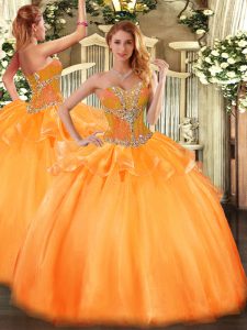Graceful Sweetheart Sleeveless Sweet 16 Dress Floor Length Beading Orange Tulle