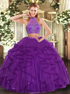 Purple Sleeveless Floor Length Beading and Ruffled Layers Criss Cross Quinceanera Dress