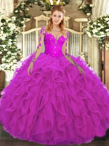 Hot Sale Long Sleeves Tulle Floor Length Lace Up Sweet 16 Dresses in Fuchsia with Lace and Ruffles